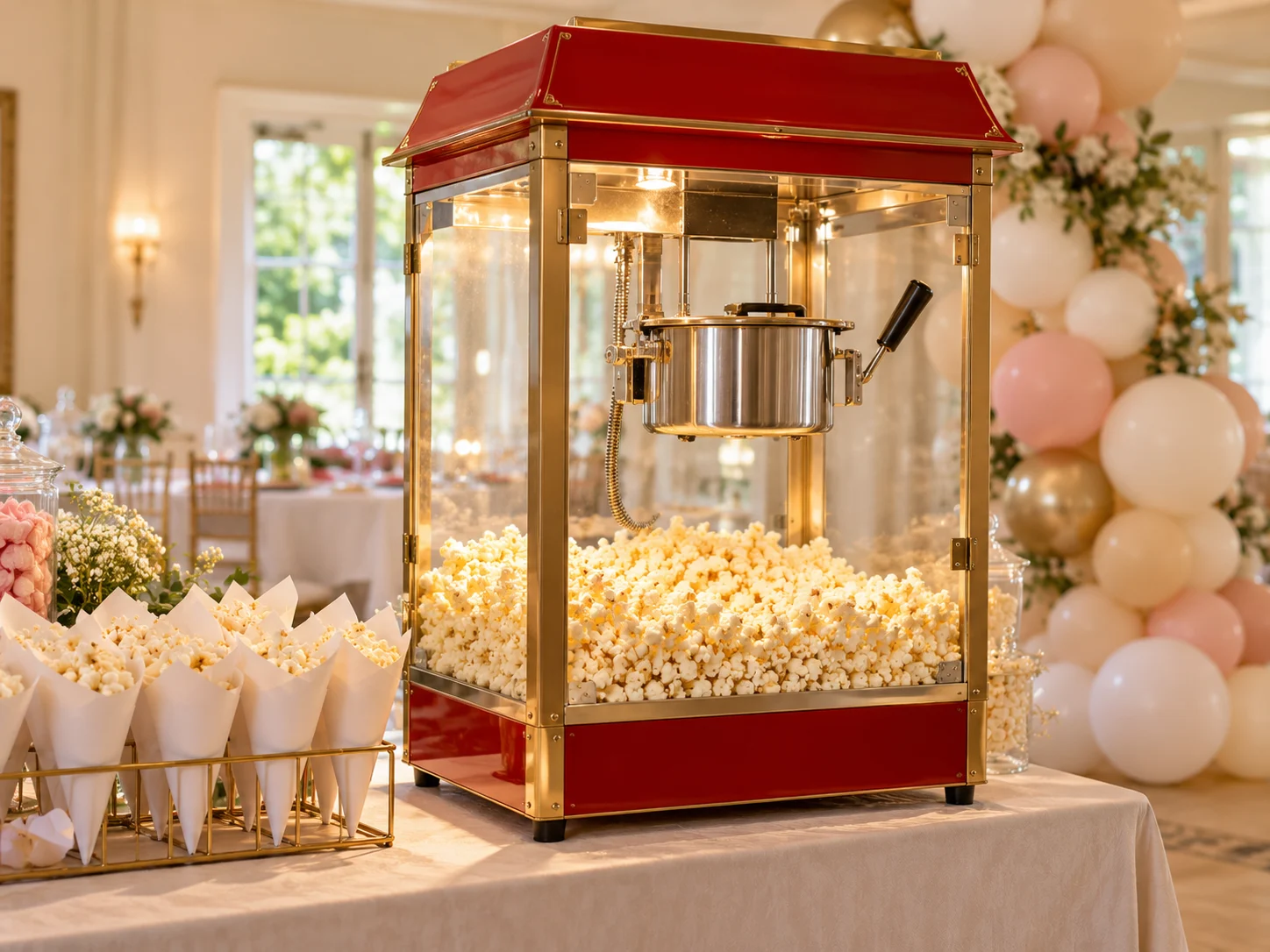 Aparat de popcorn cu carcasă roșie și porții pregătite pentru servire.